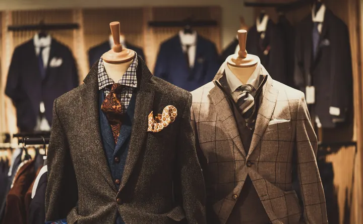 Two tweed jackets on dress forms in a tailor's shop